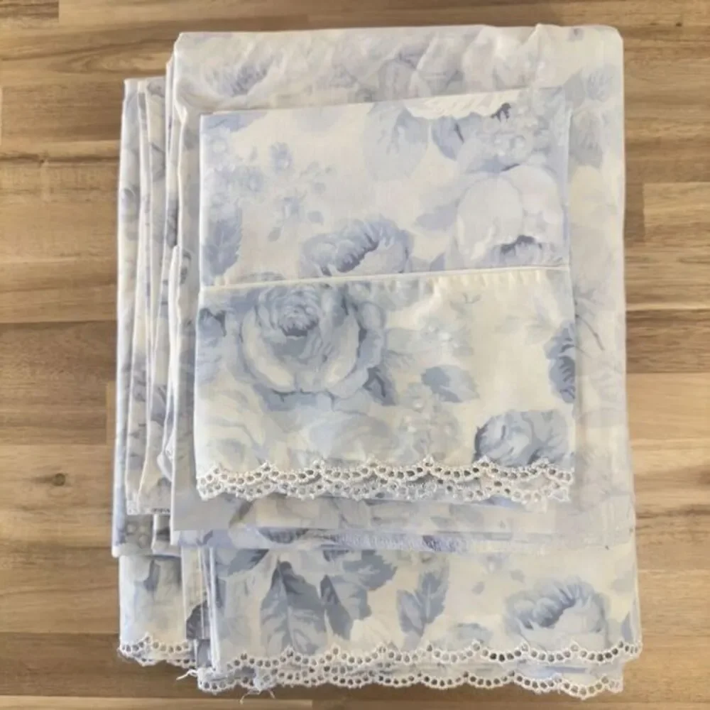 Rare Eileen West Martex Blue Peony Floral QUEEN Sheet Set 4PC Eyelet Lace Trim‎